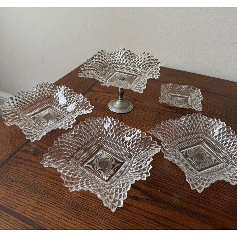Vintage Clear Diamond Square Glass 5 Candy Dishes with Silver Pedestal